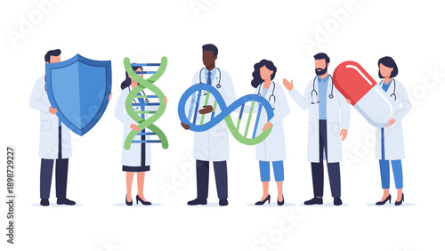 Medical Professionals in Healthcare: A team of dedicated medical professionals stand united, showcasing symbols of protection, life, and cure.