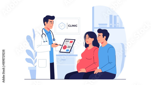 Prenatal Care Discussion: A doctor and expectant couple review medical information in a consultation room.
