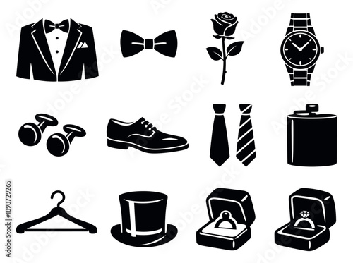 Monochrome silhouette gentlemen's accessories set featuring formal attire, luxury items, and wedding rings for celebrations