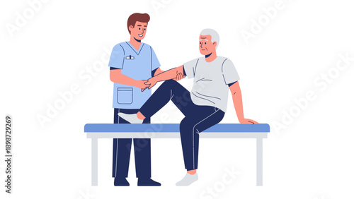Physiotherapy Session: A compassionate physiotherapist assists an elderly patient with a leg exercise, showcasing care and support.