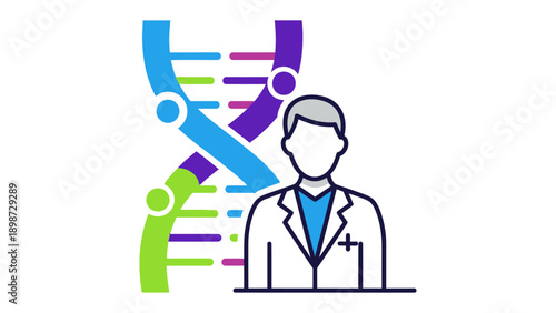 Genetic Researcher in Analysis: An abstract illustration, a medical researcher stands beside a stylized DNA helix, symbolizing a moment of scientific analysis and discovery.