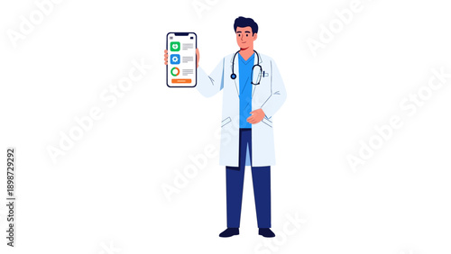 Digital Healthcare Illustration: A healthcare professional, embodying the modern age of medicine, stands proudly, holding a smartphone that displays an application related to healthcare.