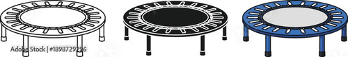 Collection of three trampolines including a sketch a black and white and a blue version isolated on white background for fitness or recreation concepts