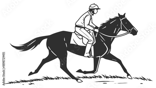 Black and white of a jockey riding a galloping horse in profile racing equestrian