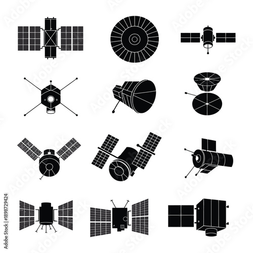 A collection of various satellites and spacecraft in a grid format. isolated on white background, Vector, illustration