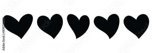 Set of black heart shaped icons featuring various abstract styles. Heart icon ideal for romantic graphics,  Valentine's Day themes. vector illustrations.
