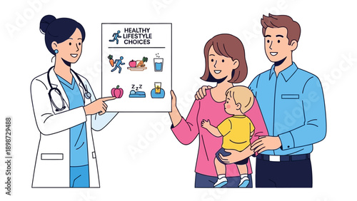 Healthy Lifestyle Choices: A healthcare professional guides a family towards a healthier lifestyle, emphasizing choices for well-being.