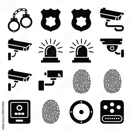 Collection of security and law enforcement icons and symbols isolated on white background, Vector, illustration