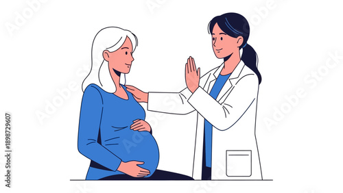 Prenatal Care Illustration: A warm illustration of a doctor supporting a pregnant patient during a prenatal check-up, emphasizing the importance of maternal care and well-being.