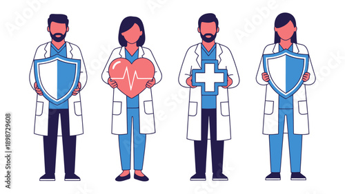 Healthcare Heroes: A group of dedicated healthcare professionals, united in their commitment, stand ready with symbols of health, safety, and care.