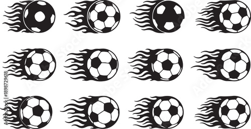 A collection of soccer balls with motion lines indicating speed and movement.