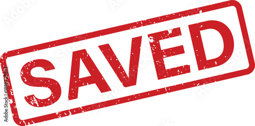 Bold red SAVED message stamp with a grunge texture on a pristine white background