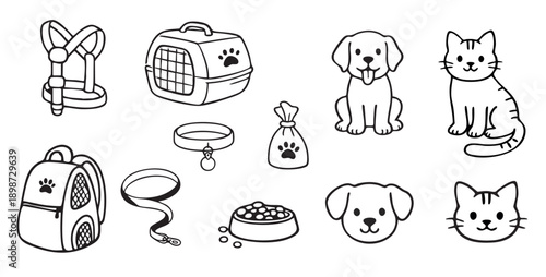 Pets and accessories outline icons set