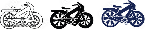 Collection of moped icons in outline silhouette and solid styles representing vintage transportation and urban mobility for graphic design