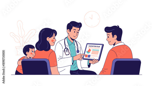 Family Healthcare Discussion: A friendly doctor, surrounded by a family, engages in a vital discussion about their health and well-being. Focusing on health, support, and care