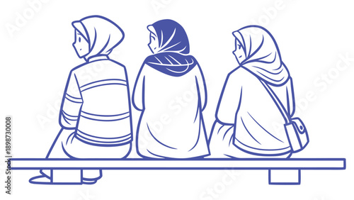 Three women wearing hijabs sitting on a bench viewed from behind in blue headscarves