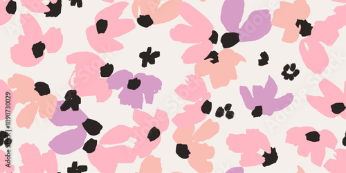 Seamless vector floral pattern featuring soft pink, lavender, and coral blossoms in a modern, hand-painted style. Ideal for textile design, wallpaper, and creative projects