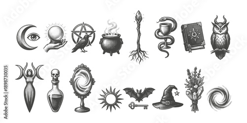 Vintage Occult Magic Icons Set with Witchcraft Symbols Mystic Illustrations Black and White Engraving Style Witchcraft Kit Elements for Halloween and Alchemy