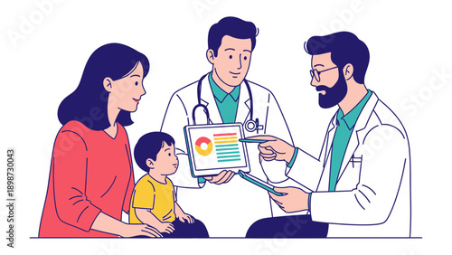 Medical Consultation: A heartwarming scene unfolds as a dedicated doctor consults with a concerned parent and child, sharing crucial insights and offering reassurance.