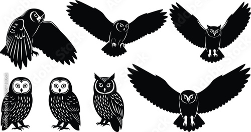 Black owl silhouettes vector set featuring flying and perched owls, minimalist nocturnal bird illustrations for wildlife logos, icons, prints, tattoos, and nature designs