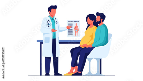 Antenatal Consultation: A caring doctor provides vital medical guidance to an expectant couple, highlighting the critical journey of pregnancy.
