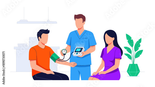 Healthcare Checkup: A medical professional conducts a blood pressure examination on a patient, with another person observing the process. The scene exemplifies health monitoring and professional care.
