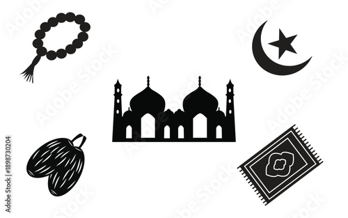 Black silhouettes of islamic symbols and objects isolated on white background