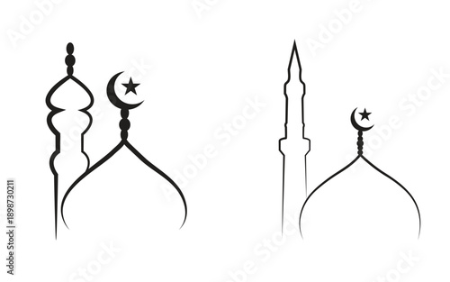 Outline drawing of mosque elements with crescent and star isolated on white background