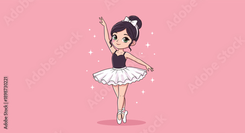 Cute cartoon ballet dancer girl performing graceful pose, kids dance illustration with tutu costume, charming childhood art isolated on pink background design vector