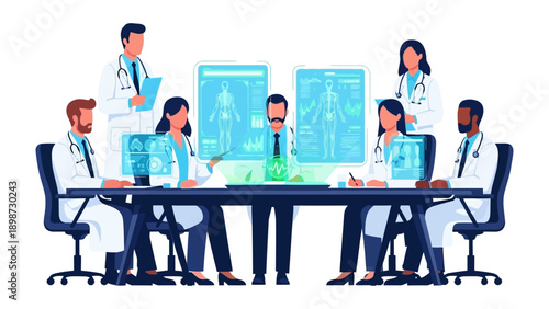 Medical Professionals' Discussion: A gathering of medical professionals are engrossed in a meeting, examining diagnostic images and data while collaborating to improve patient health.