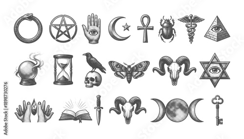 Esoteric and Mystical Occult Symbol Collection Vintage Engraving Style Illustrations of Sacred Geometry Alchemy Witchcraft and Ancient Mythology Icons for Graphic Design Projects