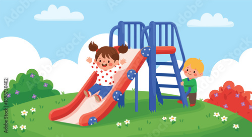 Happy children playing on playground slide, outdoor park illustration showing fun childhood activity, friendship and joyful playtime in colorful garden setting