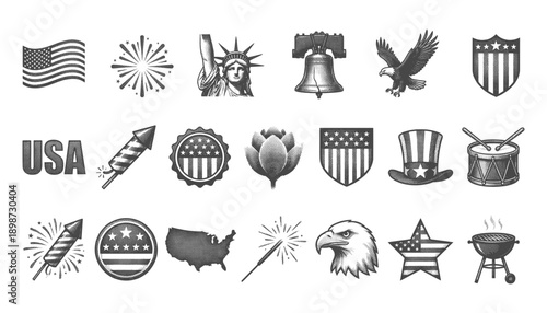 Vintage American Patriotic Symbols Collection for Independence Day featuring Halftone Illustrations of Eagle Flag Liberty Bell Statue of Liberty and Fireworks