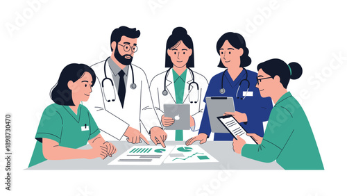 Healthcare Team Collaboration: A dedicated healthcare team, composed of doctors and nurses, is engrossed in a meeting, examining reports and planning for optimal patient care.