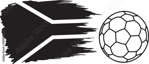 A dynamic illustration of a soccer ball being kicked by a black and white striped foot.