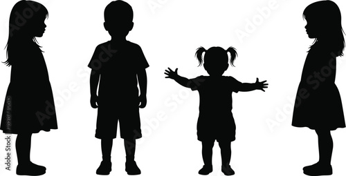 Children silhouette set, boys and girls standing and playing, toddler and kids figures, front side views, flat black vector illustration isolated white background