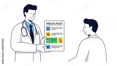Healthcare Communication: A doctor shares a medical chart with a patient, highlighting key information. The illustration signifies effective communication in the medical field.