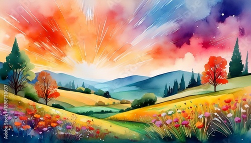 a beautiful painting of a colorful landscape painted with watercolors