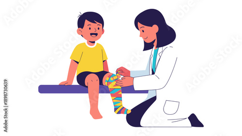 Medical Care: A compassionate pediatrician attentively tends to a young patient, applying a colorful bandage with gentleness, symbolizing health, healing, and hope.