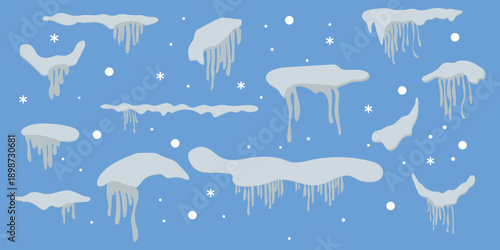 Snowy piles and snow caps. Vector realistic icons set, mountains or hills summits and peaks. Snowfall and blizzard, snowdrift with ice. Seasonal weather design, Christmas and new year decor