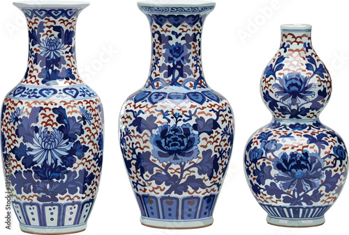 Traditional blue and white porcelain vases with floral patterns, elegant oriental ceramic pottery isolated on white background set illustration