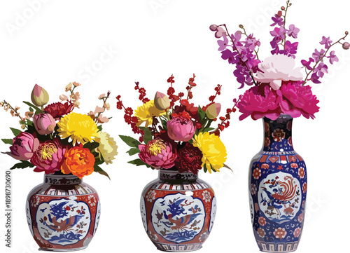 Elegant floral arrangements in traditional porcelain vases with colorful blossoms, decorative oriental still life isolated on white background
