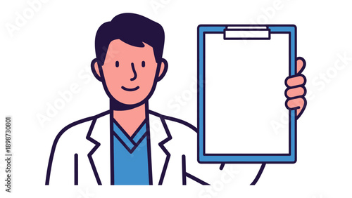 Doctor with Clipboard: A friendly doctor, dressed in a professional coat, cheerfully presents an empty clipboard, creating the perfect scene for medical notes and important information.