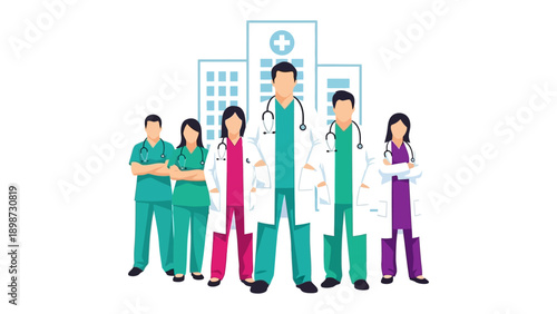 Medical Team with Hospital Building: A committed medical team of doctors and nurses stands united, a symbol of care, expertise, and unwavering dedication, backed by the presence of a modern hospital.