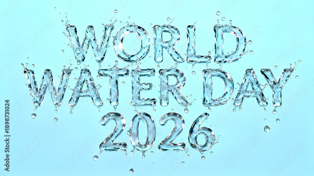 Obraz premium Crystal Clear Water Splash Forming 3D Text Floating World Water Day 2026 Liquid Art