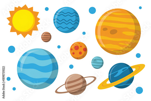 A colorful vector illustration of the solar system with planets and the sun