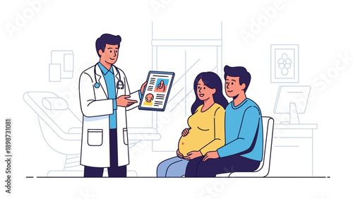 Prenatal Checkup: A compassionate physician elucidates the upcoming sonogram to a hopeful expectant couple within a clean, modern medical setting.