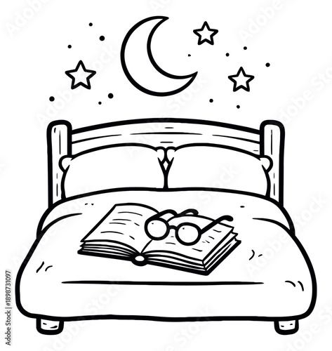 Hand drawn line art illustration of a bed depicting a bedtime scene with a book, glasses, moon, and stars for sleep and relaxation