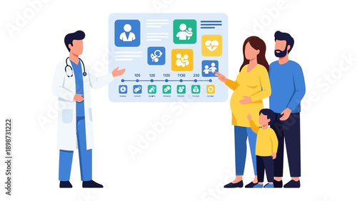 Family and Doctor illustration: A medical professional explains a plan to the family. the design concept of a healthy family. includes the elements of healthy, family, and medical staff.