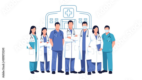 Healthcare Heroes: A group of dedicated medical professionals, standing tall in front of a hospital, embodying care and expertise.